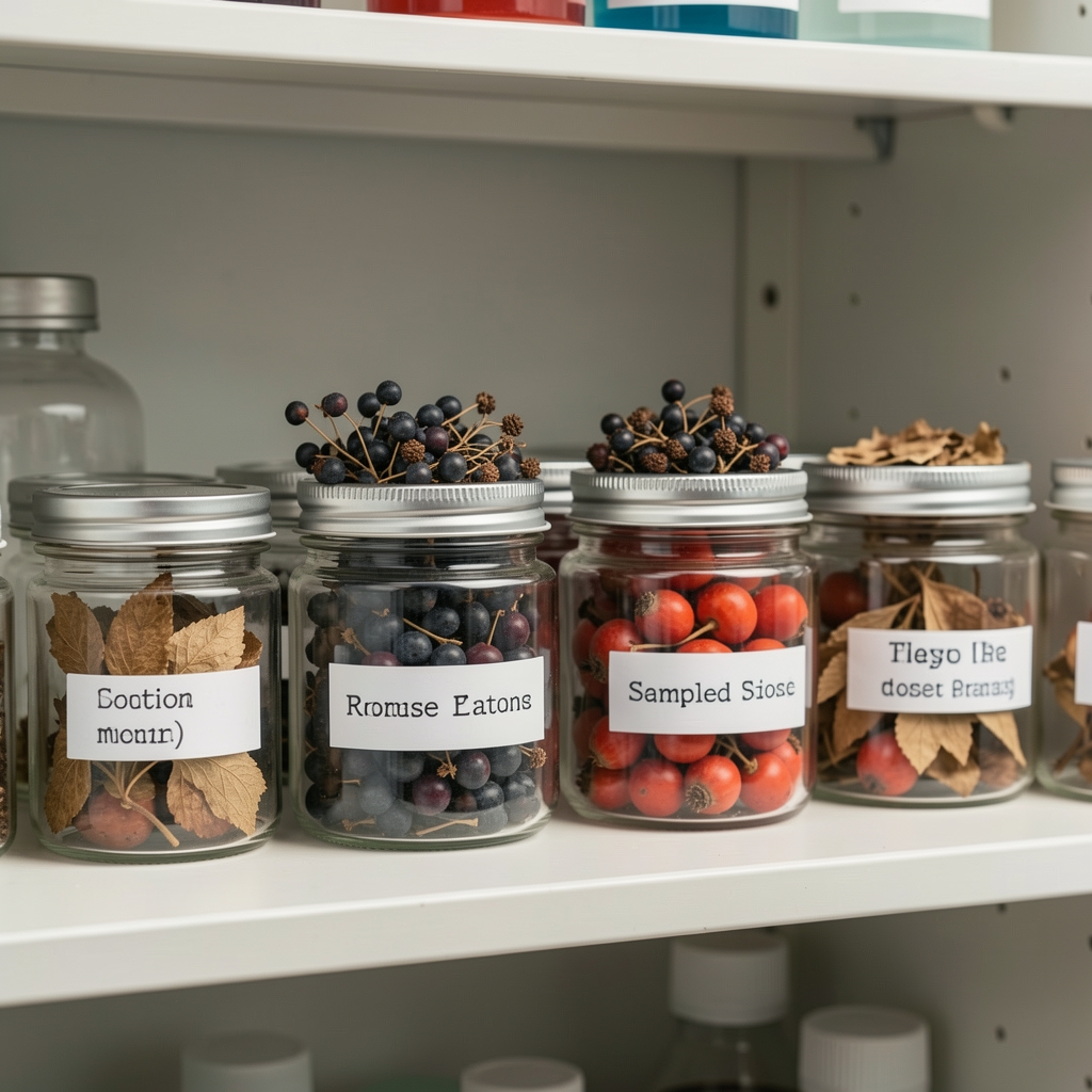 Dried botanical materials including elderberry and rosehip arranged in small labelled sample jars on a laboratory shelf