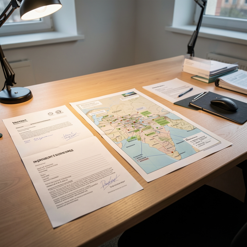 Ingredient sourcing map documents and regional supplier correspondence laid out on a wide desk under studio lighting, Warsaw workspace