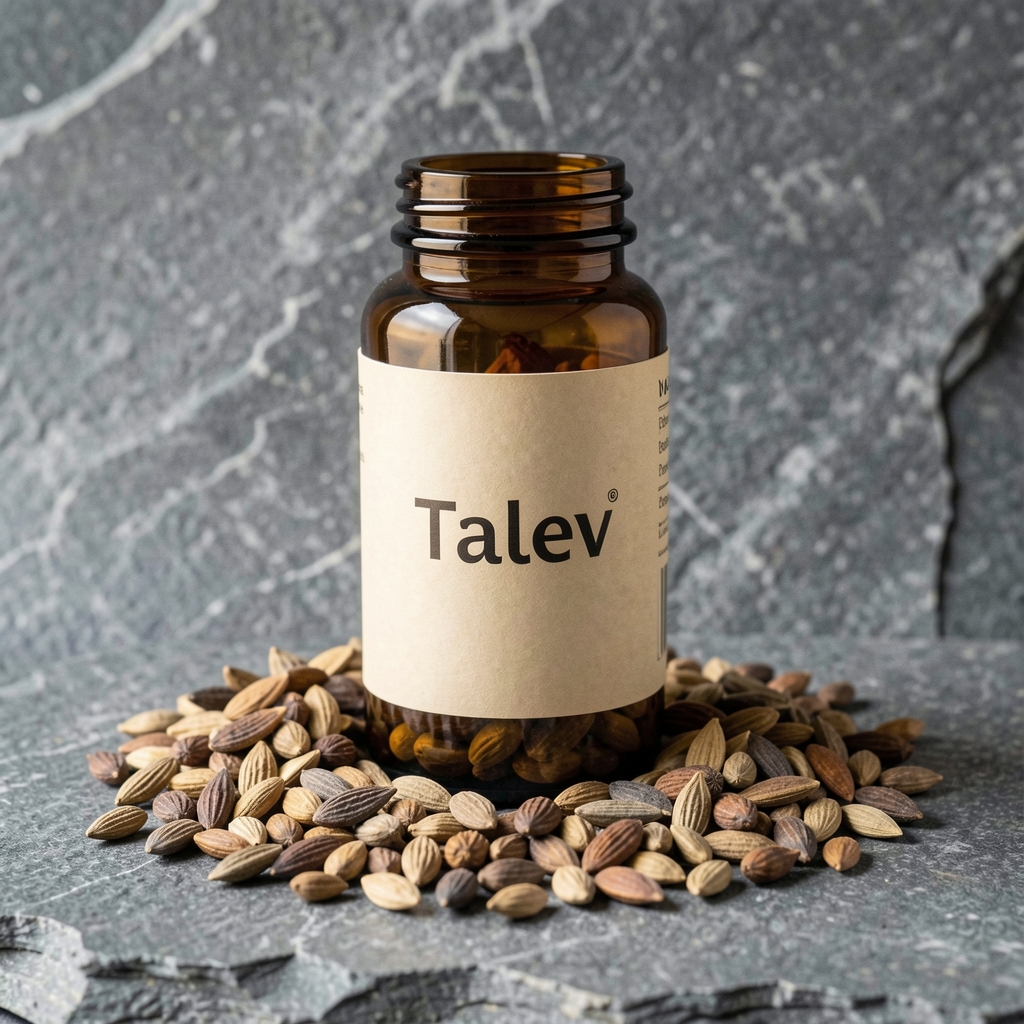Amber glass supplement bottle with Talev label surrounded by dried zinc-rich seeds on grey stone background