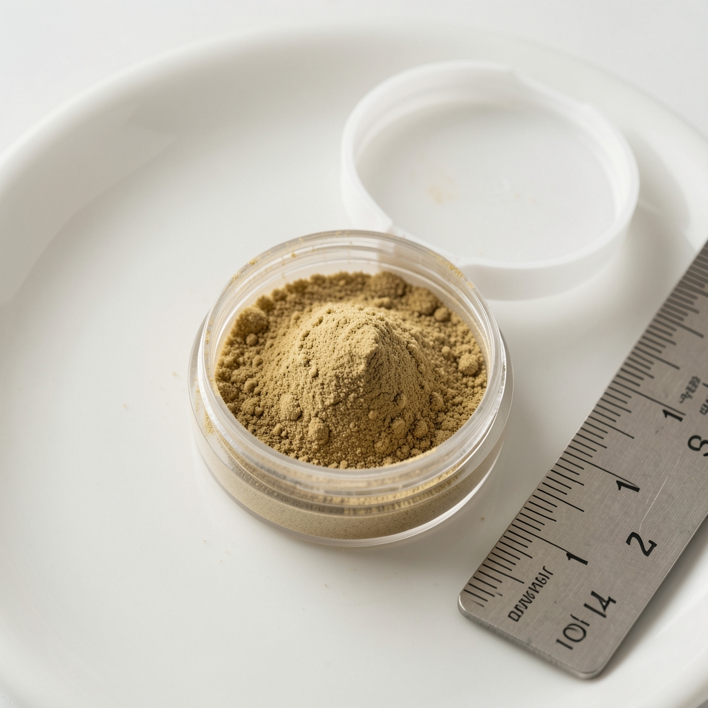 Open capsule showing fine granulated botanical powder on white ceramic surface with ruler for scale reference