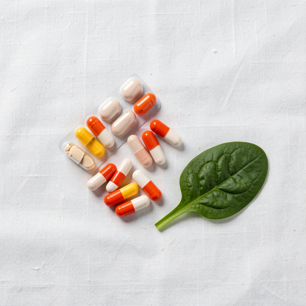 Flat lay of iron and vitamin C supplement capsules on white linen with a small iron-rich spinach leaf for reference scale
